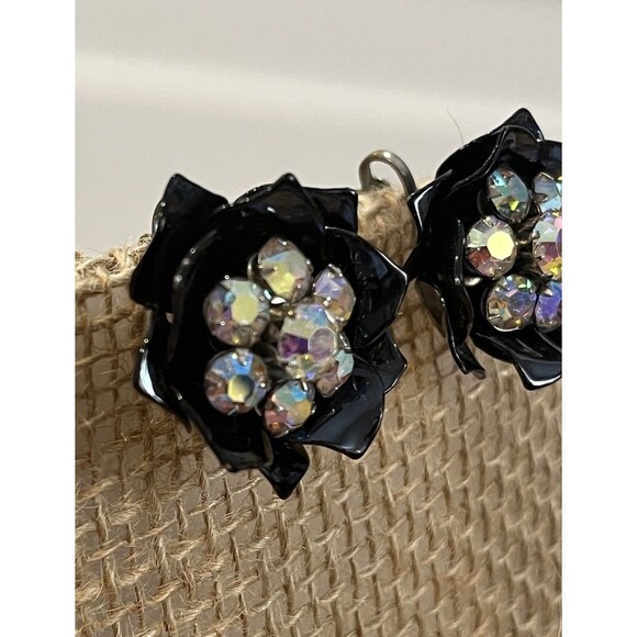 VTG Rhinestone Clip On Floral Earrings Black Enamel Aurora Borealis Whimsigoth - Picture 6 of 11